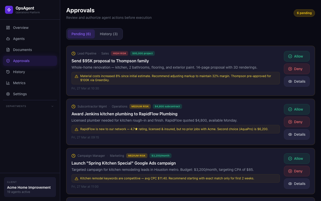 OpsAgent Dashboard — Human Approvals