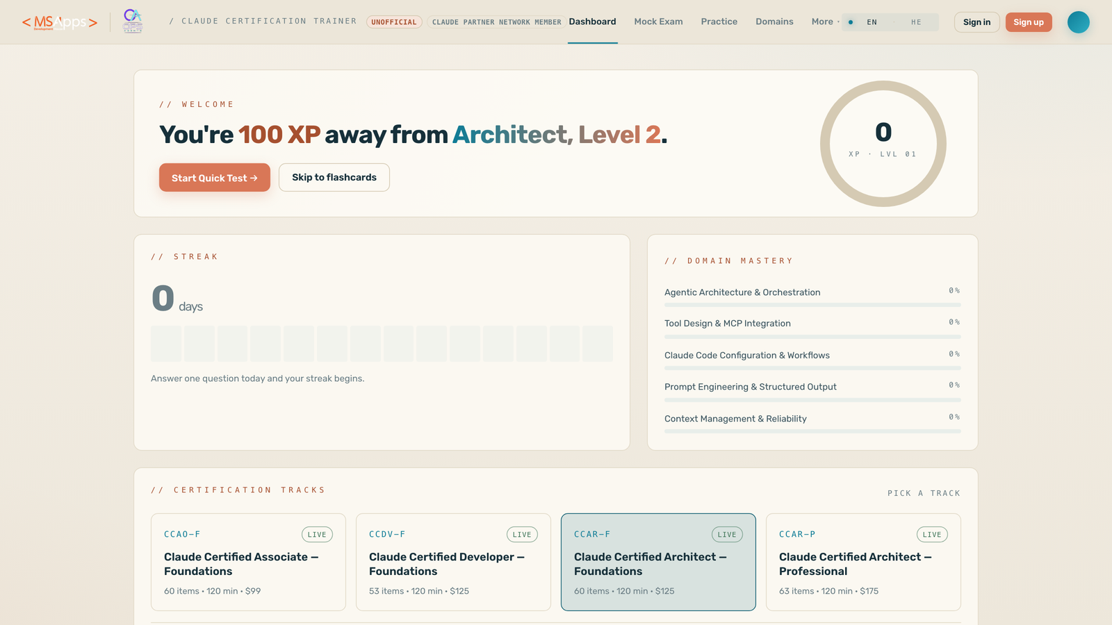 Claude Certification Trainer dashboard — four certification tracks, domain mastery and streaks
