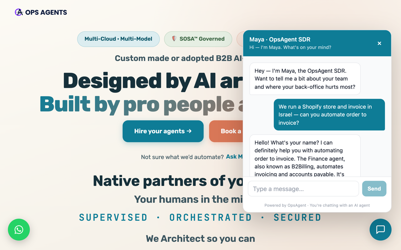 Maya, the OpsAgents AI SDR, answering a visitor about automating Shopify order-to-invoice