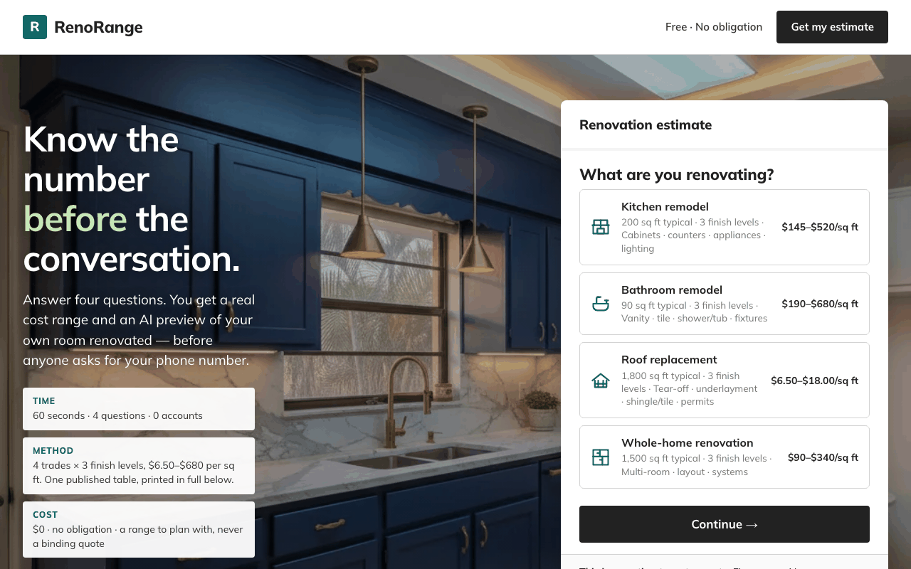 RenoRange — AI renovation-estimate funnel